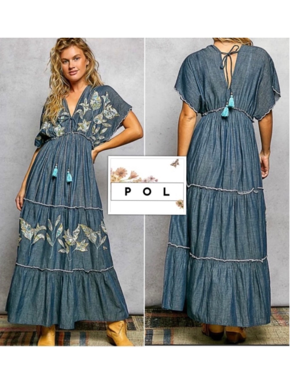 NEW Pol Free People Style Airy Denim Embroidered Patchwork Boho Dress M - Picture 1 of 6